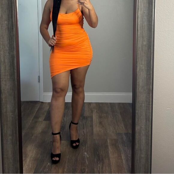 Dress Spaghetti Strap Bodycon Party Club Midi Dress Orange. - Picture 5 of 10